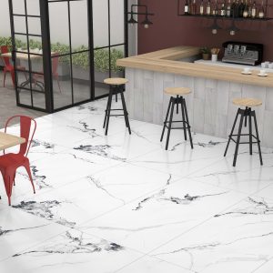 Commercial lobby with large format porcelain tile installation