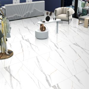 Roman Statuario 24x48 polished porcelain tile with marble look and rectified edges installed in commercial shop